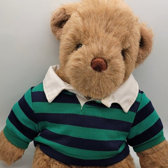 Vintage Gund Lands' End Brown Teddy Bear Plush Green Blue Rugby Shirt Korea 12" - Picture 1 of 7